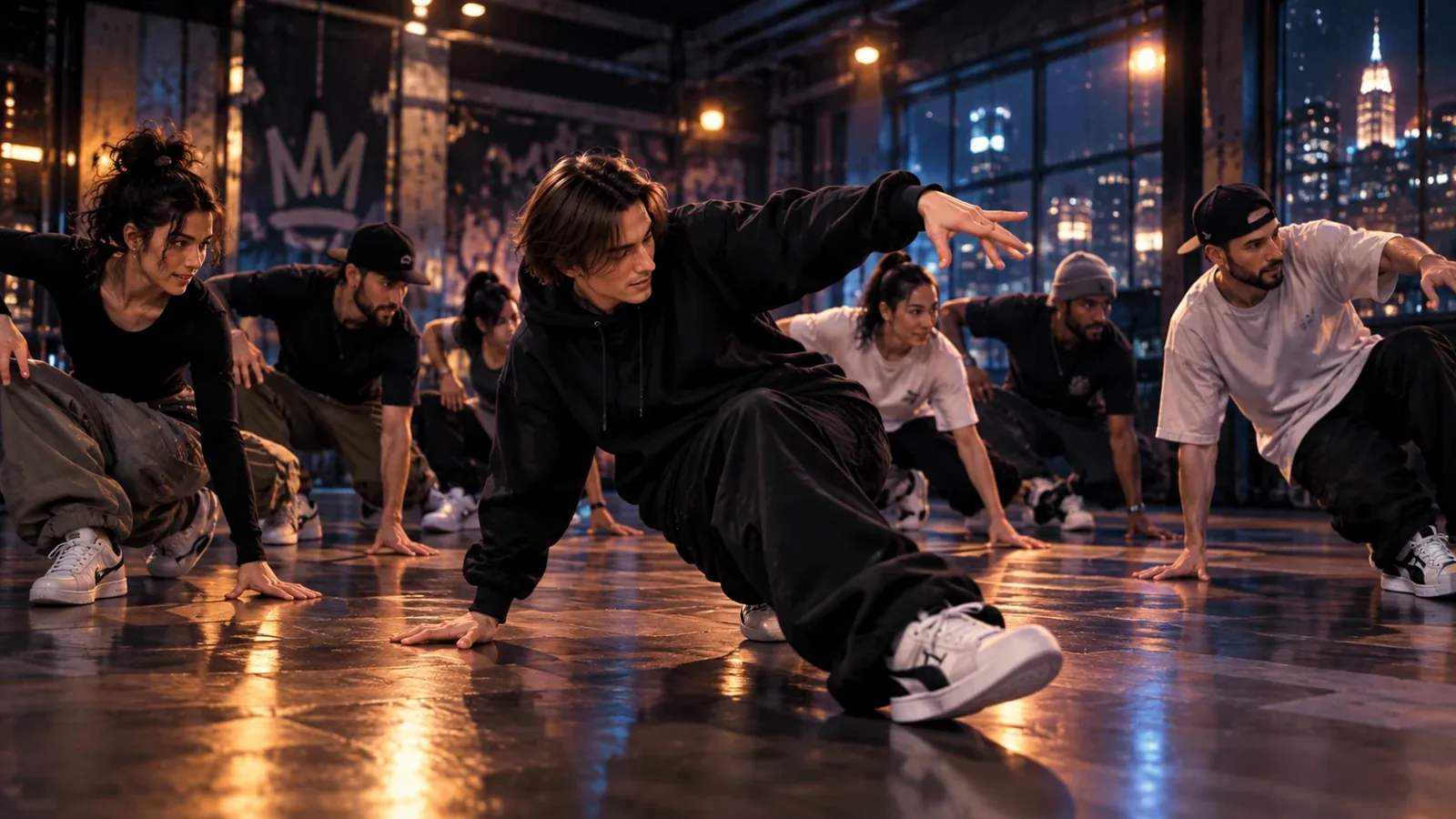 AI-illustrated adults practicing floorwork with Nick in a NYC studio