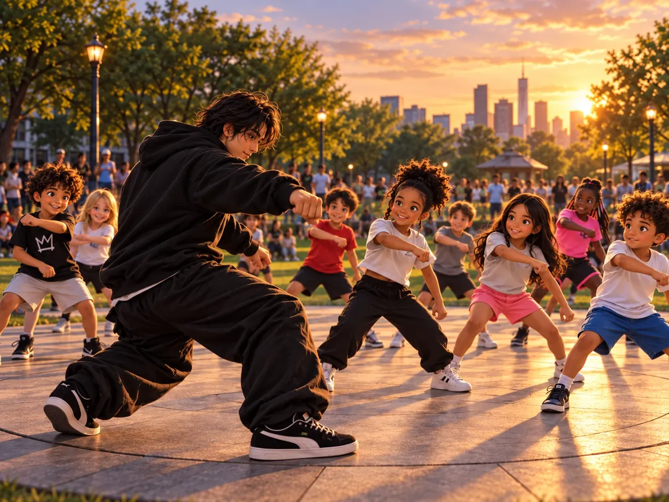 AI-illustrated children learning breaking outdoors
