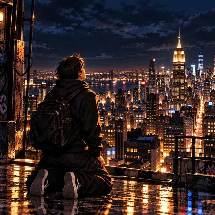 Cinematic illustrated Break Nick character on a rooftop above New York