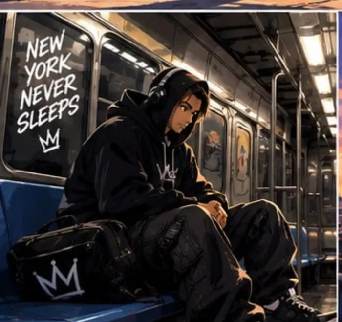 Stylized Break Nick character sitting in the New York subway
